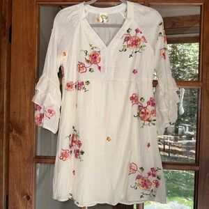 Anthropologie Fig and Flower Embroidered Ruffled Sleeve Dress Size Small P